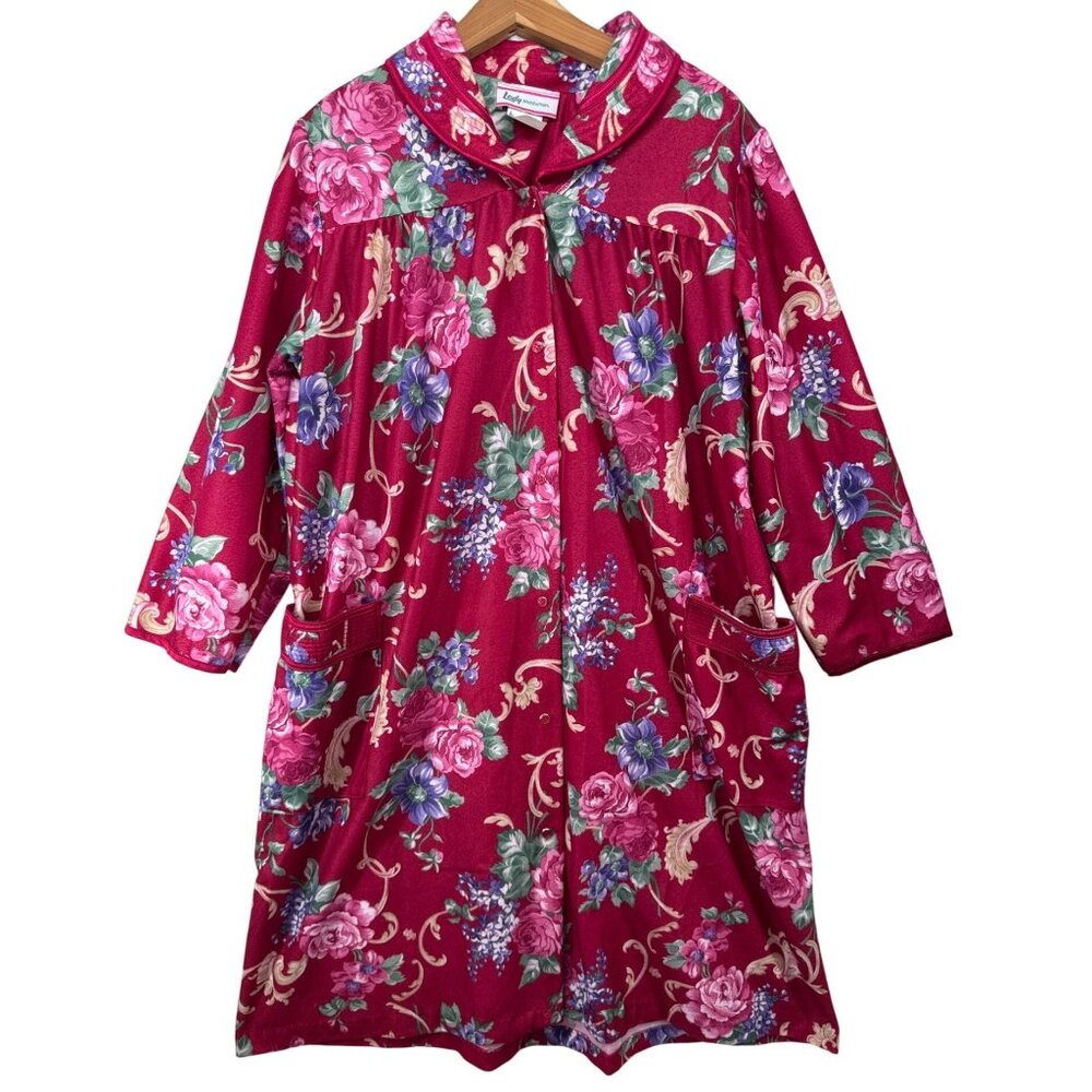 Vintage Womens Robe Lady Manhattan Sz 1X Red Floral Mrs Roper CottageCore Roses